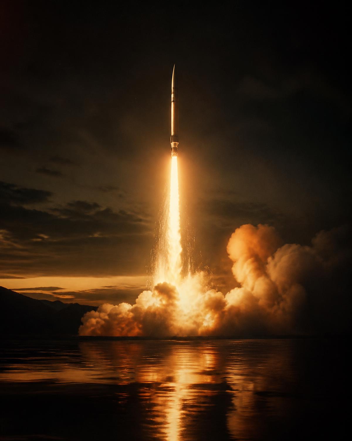 Rocket lifting off at twilight with a golden flame trail