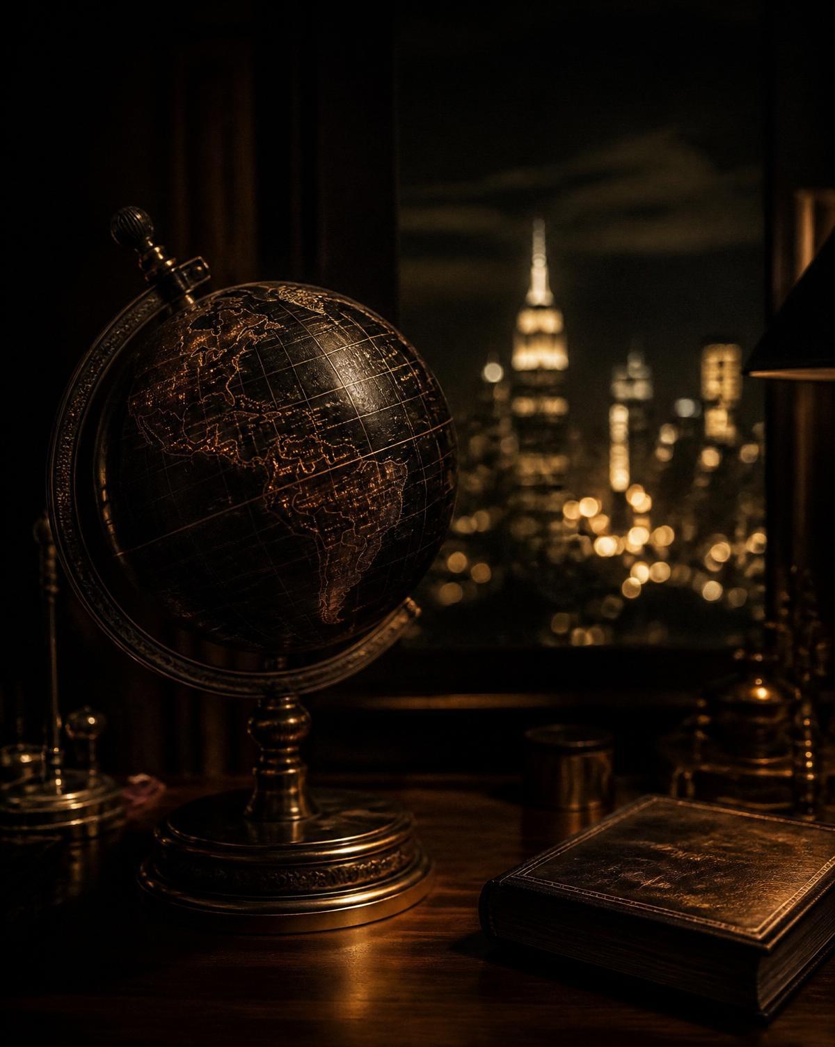 Antique desk globe beside a leather book with a night skyline behind