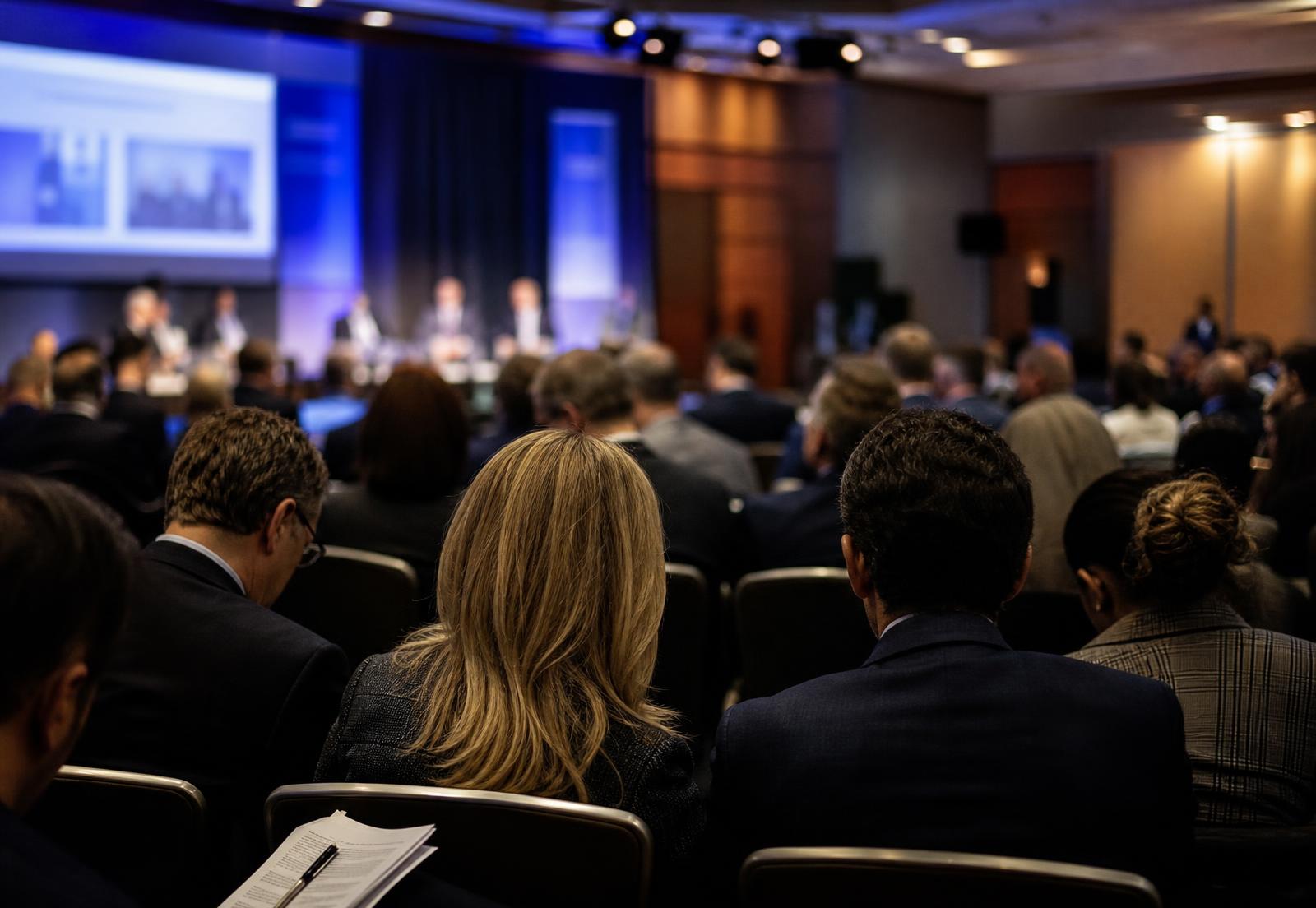 Diverse audience at an institutional investment conference, softly lit and out of focus