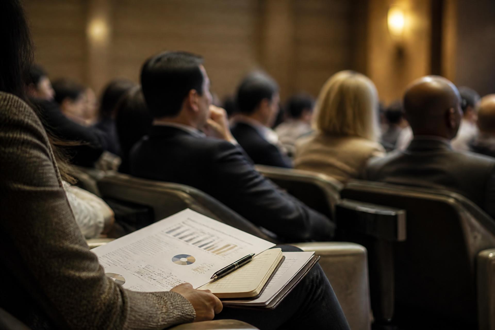A diverse audience at a private investment conference, seen past a briefing document and notebook.