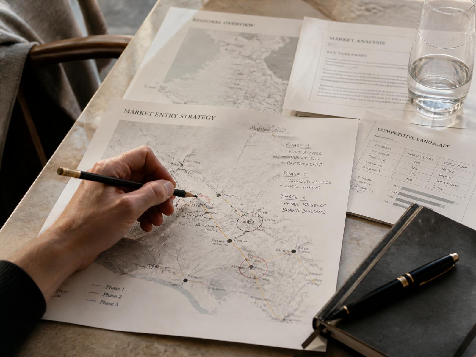 Annotated market-entry plans and briefing materials on a working table