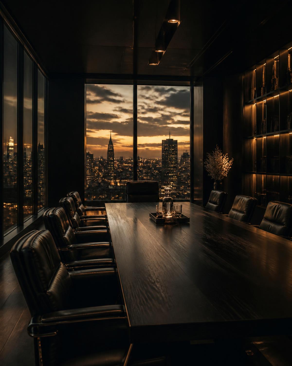 Executive boardroom high above a glowing city skyline at dusk