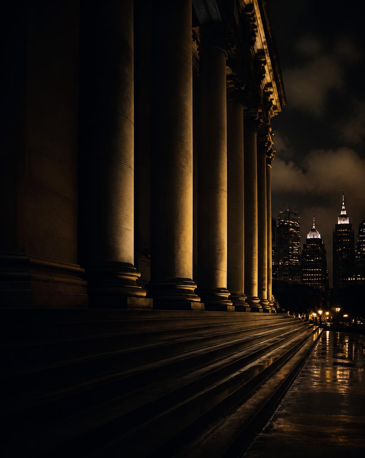 Classical stone colonnade at night with a distant illuminated skyline