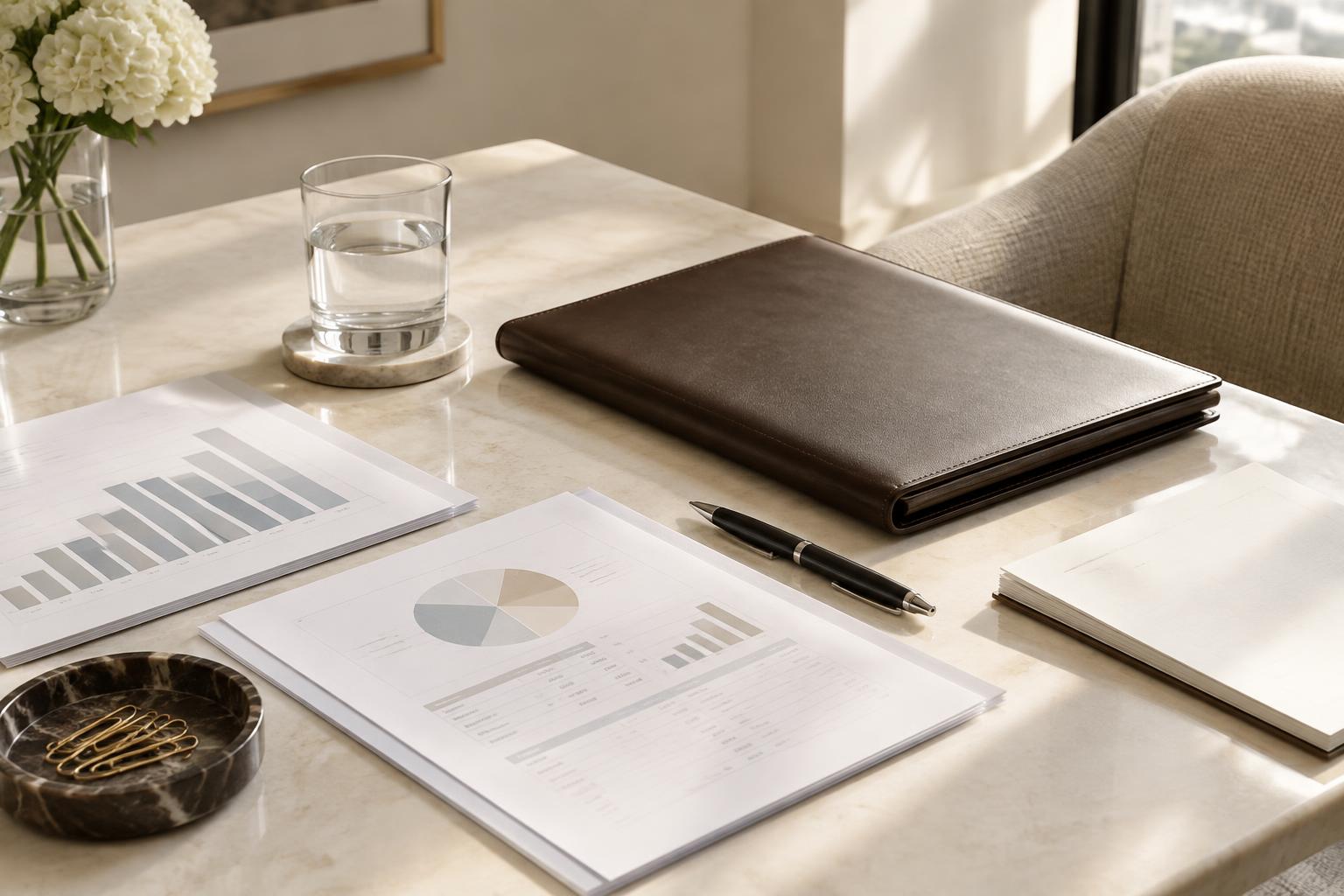 Prepared briefing materials, folio and charts in natural daylight