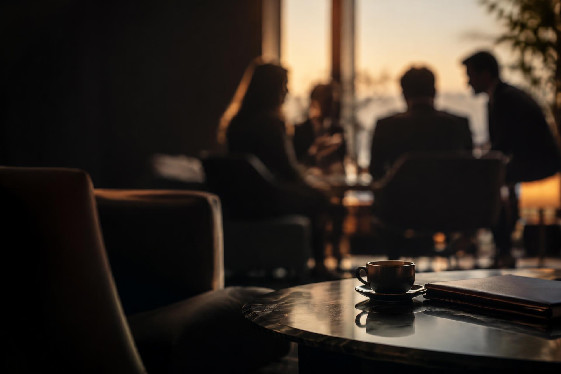 Backlit silhouettes of professionals in a softly defocused private business conversation, with coffee and a folio in the foreground